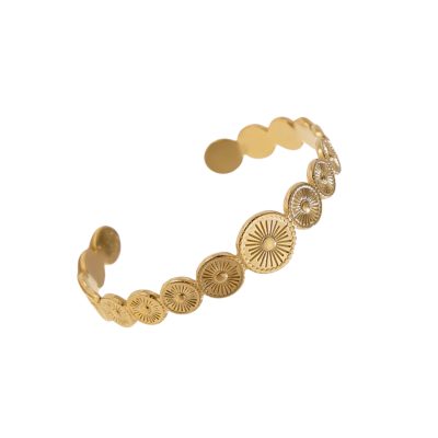 A gold-plated cuff bracelet featuring a row of circular medallions, each adorned with intricate sunburst patterns, symbolizing radiance and warmth. The bracelet has an open design for adjustability and a polished finish for a luxurious look.