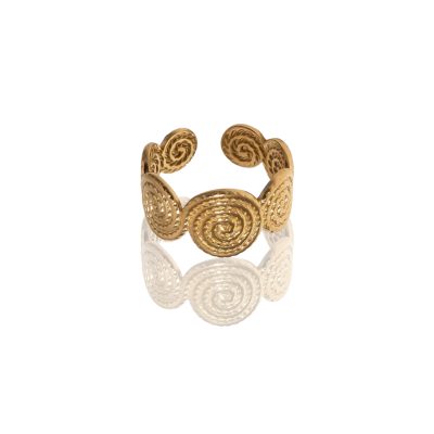 Elegant gold stainless-steel Grecian ring with spiral motifs, adjustable fit, and tarnish-resistant finish. Perfect for timeless style. A gold stainless-steel ring with intricate spiral motifs inspired by Grecian design, featuring a textured finish and an open adjustable band, displayed on a white background with minimalistic decor.