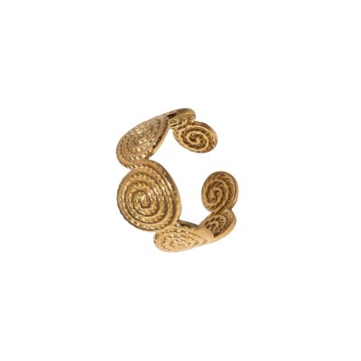 Elegant gold stainless-steel Grecian ring with spiral motifs, adjustable fit, and tarnish-resistant finish. Perfect for timeless style. A gold stainless-steel ring with intricate spiral motifs inspired by Grecian design, featuring a textured finish and an open adjustable band, displayed on a white background with minimalistic decor.