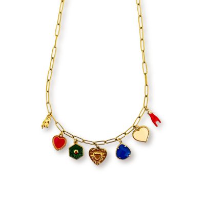 A gold-tone charm necklace with a delicate chain featuring six colorful enamel charms: a red heart, a green hexagon, a golden heart with intricate detailing, a blue geometric shape, and a red hand symbol. The charms dangle elegantly, creating a playful yet sophisticated look. The Amaya necklace is a bold, statement piece designed to bring joy and character to any outfit. It features a gold-tone chain with a series of vibrant, enamel-coated charms hanging from it. Each charm has its own unique design, including a red heart, a green hexagon, a golden heart with intricate detailing, a blue geometric shape, and a red hand symbol, all blending harmoniously in this playful and eclectic necklace. The mix of bright colors and meaningful shapes gives it a fun, youthful energy while maintaining an elegant, refined look, making it a perfect accessory for adding a touch of color and whimsy to your style.