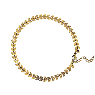 A gold-tone ankle bracelet made of small, detailed leaf-shaped links arranged in a chevron pattern, finished with a lobster clasp and an adjustable chain extension.