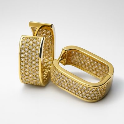Gold rectangular pavé huggie earrings with micro-crystal detailing on a white background.